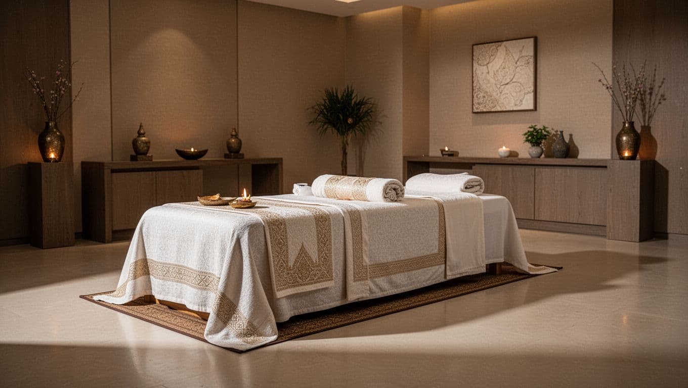 A pristine massage room features a plush floor mat setup centered in a minimalist space. Warm amber lighting illuminates the textured neutral walls, highlighting crisp white linens and earthen decor elements.