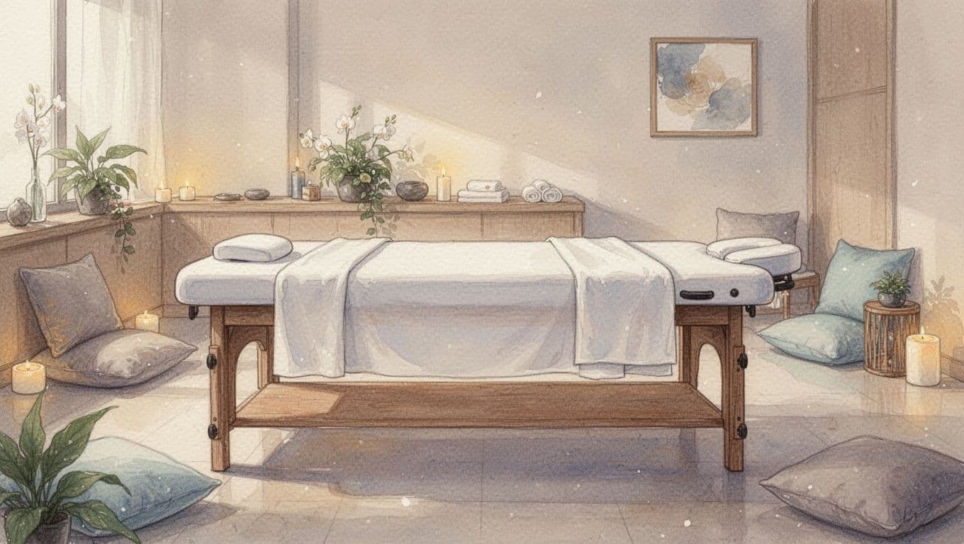 A quiet massage room features a single table under soft warm lighting in a painted watercolor style.