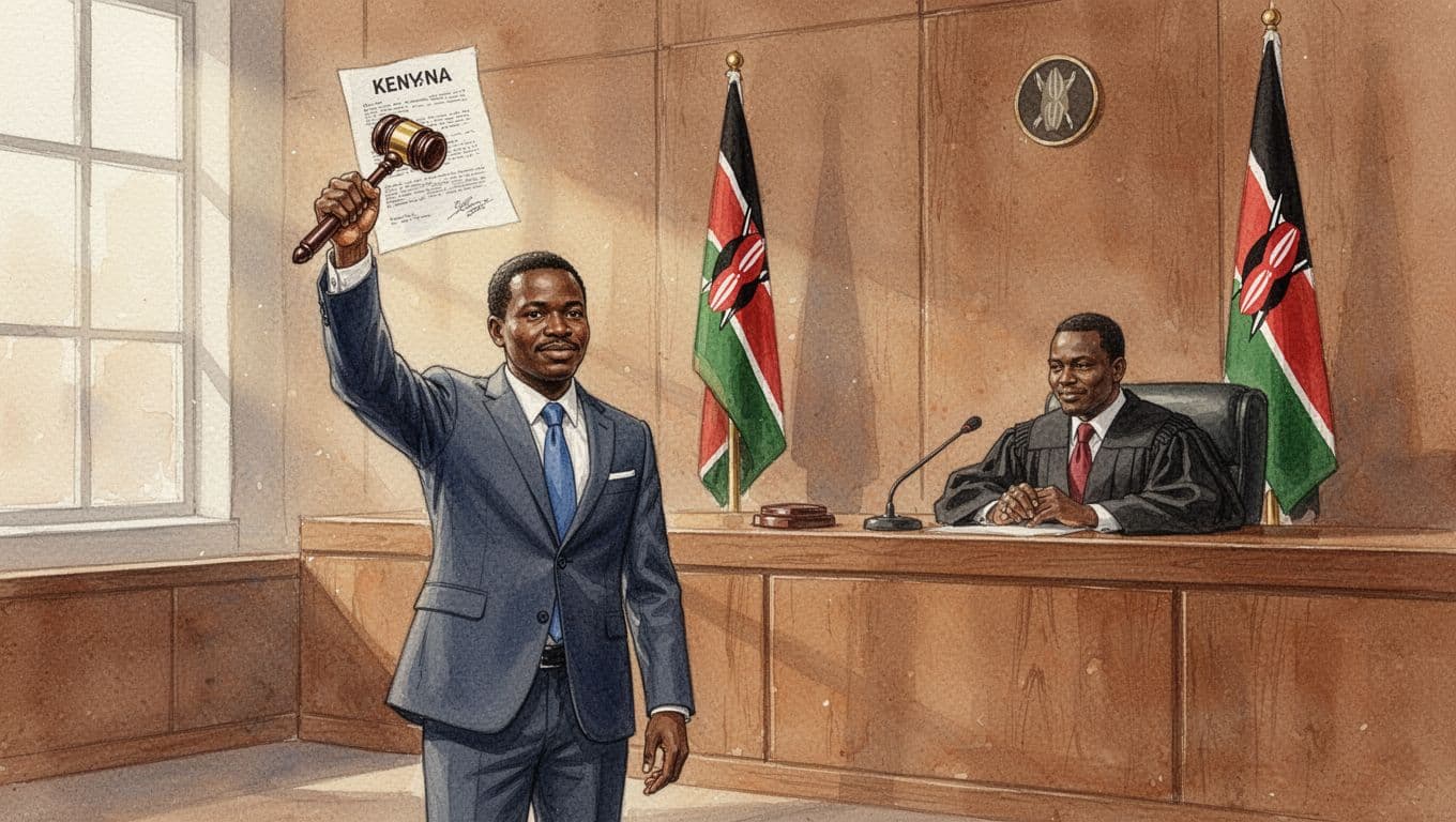 A triumphant Kenyan advocate in a suit raises a gavel-like document in a modern courtroom after a win, with the judge nodding approvingly from the bench amid warm lighting, wooden panels, and the Kenyan flag. Rendered in watercolor style with soft blending, visible brush texture, and earth tones, focusing solely on the success moment.