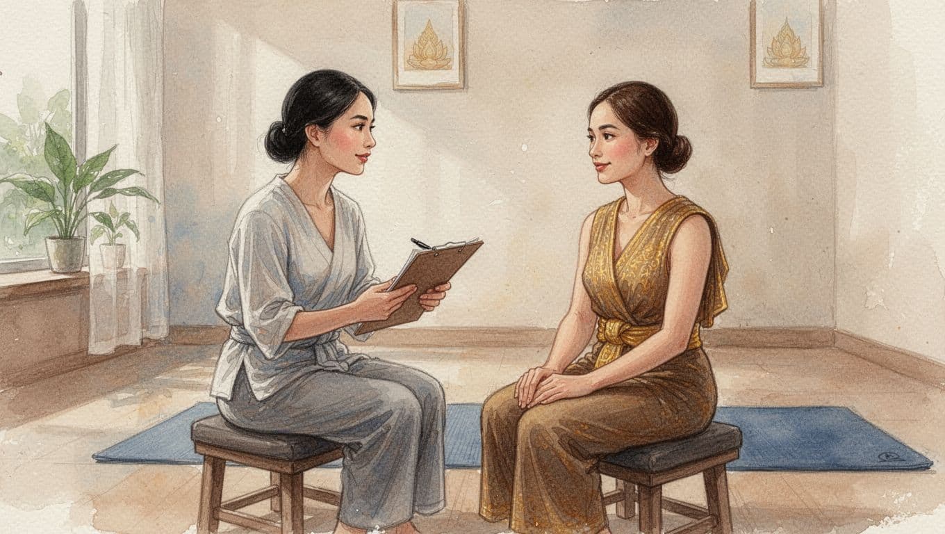 A therapist in loose clothing sits facing a relaxed client on a low stool, holding a notepad for intake questions with warm eye contact in a clean professional spa room, watercolor style with warm earth tones.