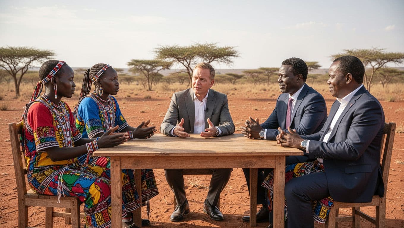 Turkana Kenya community members in colorful traditional attire discuss oil project impacts with company officials around a simple outdoor table in an arid landscape under natural daylight.