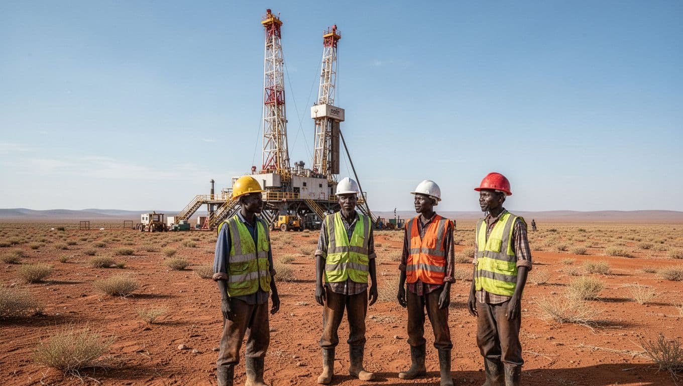 Modern oil drilling rig active in the dry Turkana landscape of Kenya, with local workers in safety gear observing nearby amid vast arid plains under a clear blue sky.