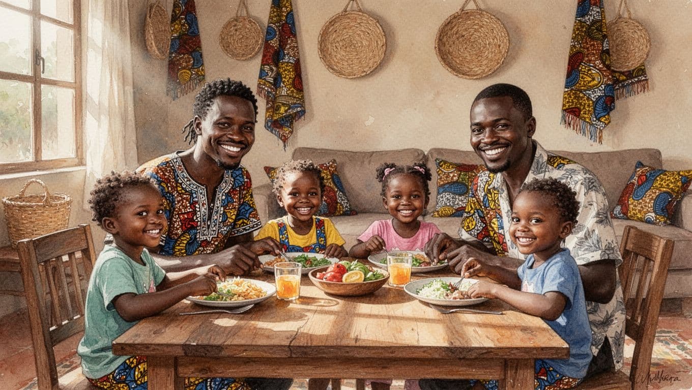 Kenyan family of two parents and two young children gathered around a wooden table in a cozy living room with Kenyan decor like kanga fabrics and woven baskets, sharing a meal with warm sunlight and smiles showing unity and protection, in watercolor style.