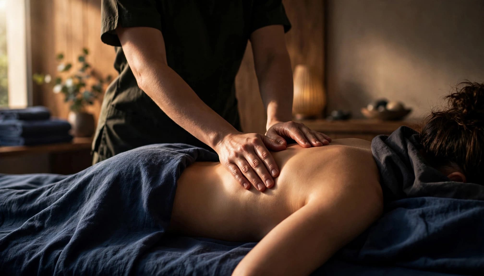 A massage therapist gently presses a client's upper back in a dim room with indigo linens.