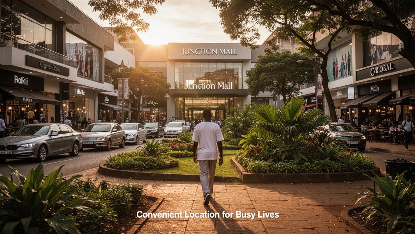 Busy upscale Kilimani street in Nairobi with a relaxed person walking towards Junction Mall entrance, green botanical garden nearby, cars, trendy cafes in cinematic golden hour lighting.