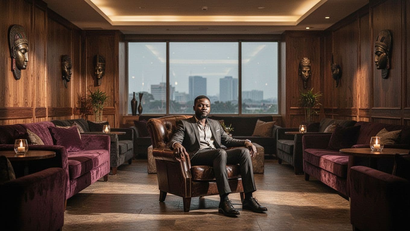 One person sits in a softly lit upscale Nairobi lounge.
