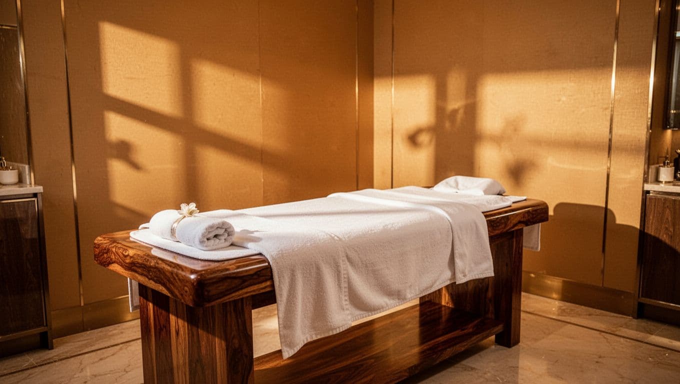 A pristine massage table draped in crisp white linens sits center stage in an elegant room. Soft amber light glows against textured walls, creating a tranquil sanctuary for a relaxing Swedish massage.