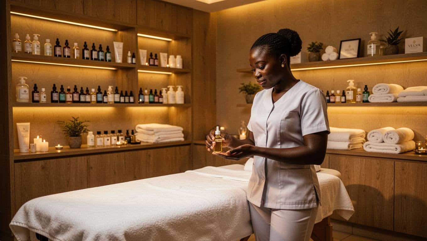 Clean professional interior of Velva Massage spa room in Kilimani Nairobi Kenya with fresh white linens on massage table organized shelves of oils and towels and one Kenyan female therapist preparing custom oil blend in serene cinematic lighting.