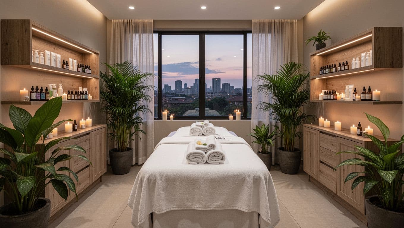 Serene professional spa room at Velva Massage & Spa in Kilimani Nairobi with centered massage table fresh linens towels essential oils candles lush plants and subtle city skyline view at dusk warm ambient lighting no people.