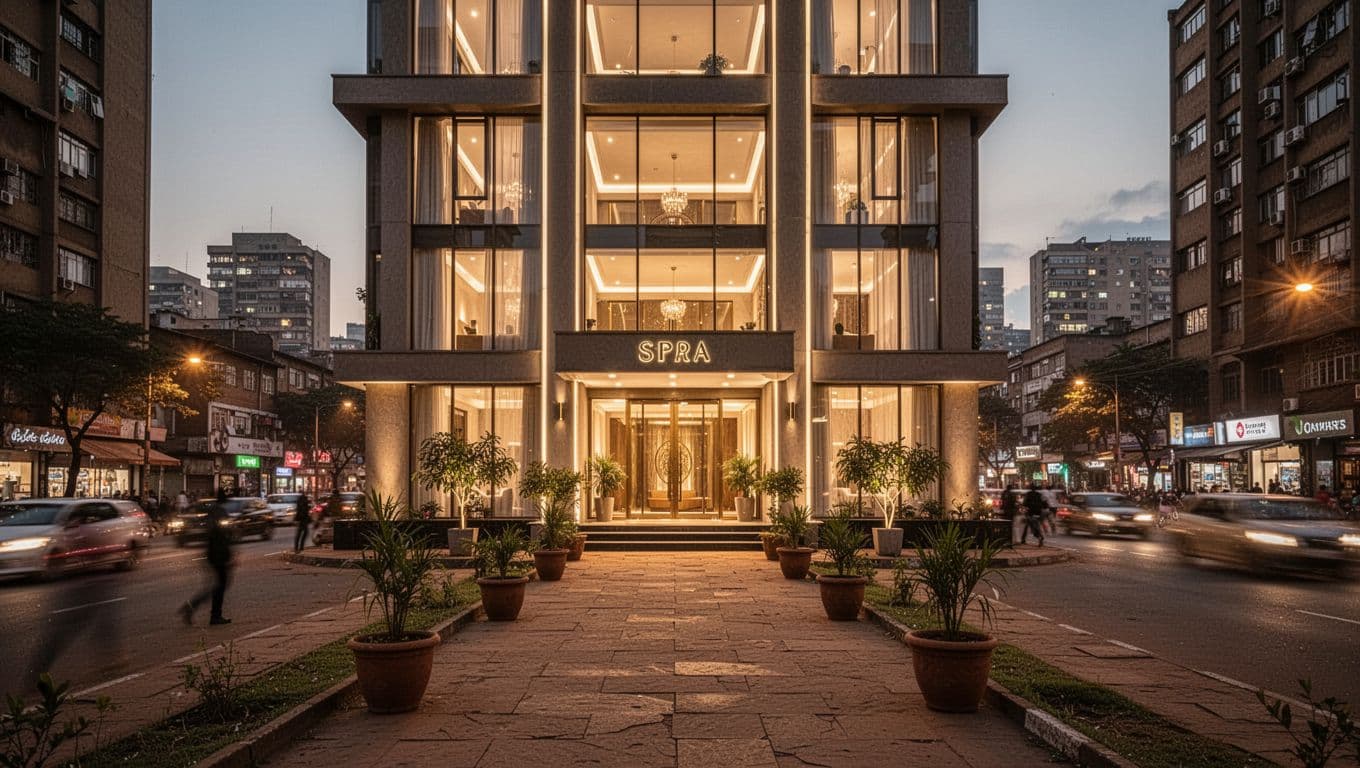 Inviting exterior of Velva Massage & Spa on Lenana Road in Kilimani, Nairobi at dusk, with modern facade, warm golden lights from windows, elegant entrance, potted plants, and serene city vibe in cinematic style.