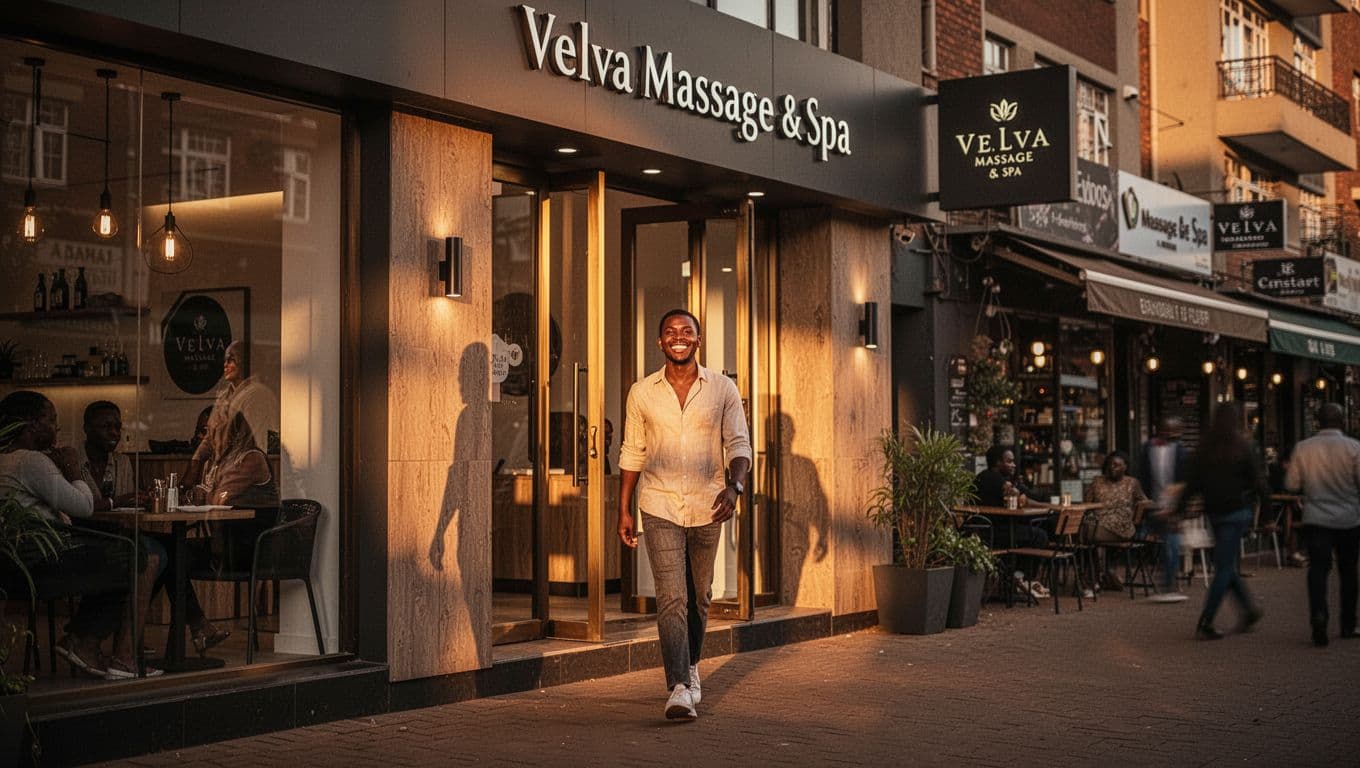 Modern exterior of Velva Massage & Spa on Lenana Road in upscale Kilimani, Nairobi, at golden hour with warm lights and a satisfied client exiting smiling.