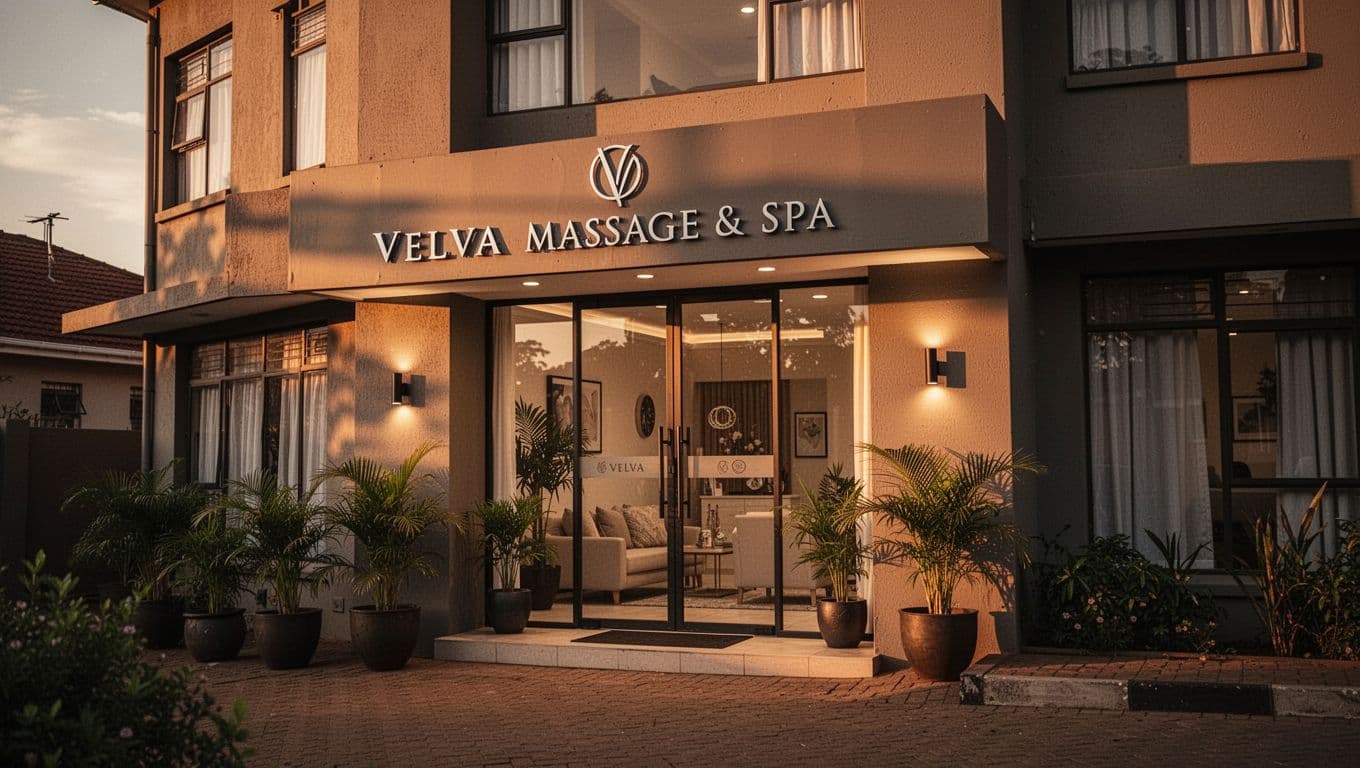 Modern exterior of Velva Massage & Spa on Lenana Road in Kilimani, Nairobi, Kenya during golden hour, with welcoming glass door, subtle signage, potted plants, and warm ambient lighting in cinematic style.