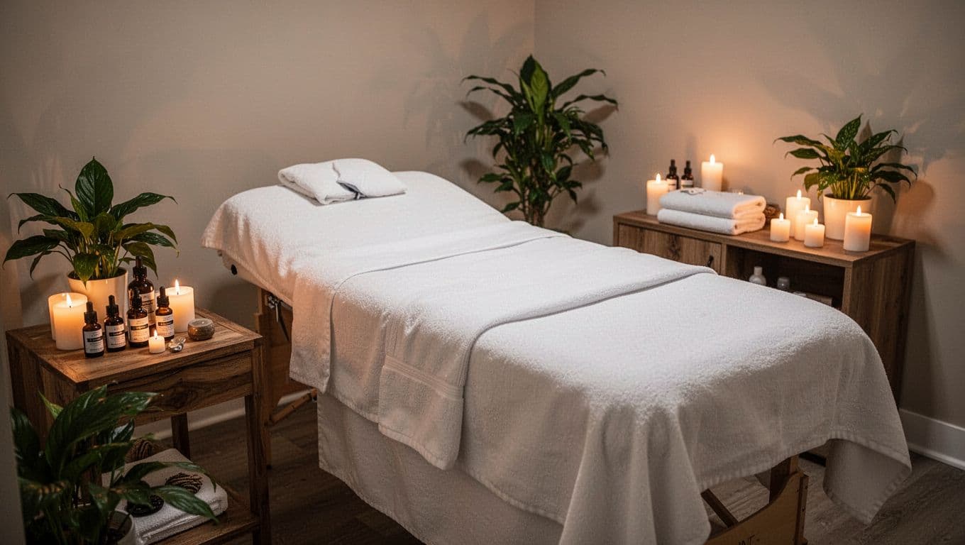 Serene interior of a luxurious private treatment room at Velva Massage & Spa in Kilimani, Nairobi, featuring a massage table with fresh white linens, ambient candle lighting, plants, and essential oils for a hygienic and private atmosphere.