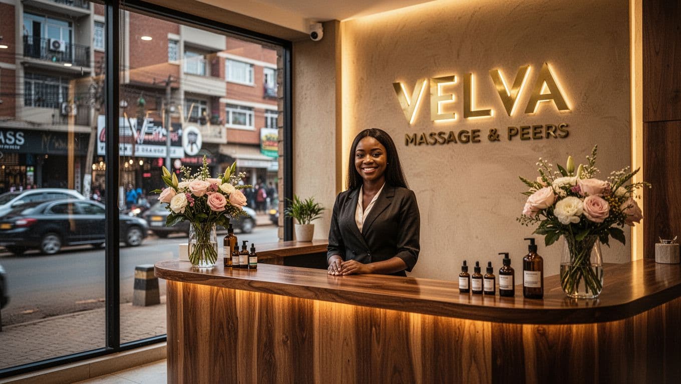 Upscale modern VELVA Massage spa reception on Lenana Road Kilimani Nairobi with one friendly female receptionist behind polished wooden desk, fresh flowers, essential oils, warm golden lighting, and blurred urban street view through large window.