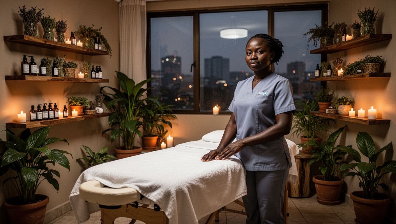Cozy professional massage therapy room at Velva Massage & Spa in Kilimani Nairobi Kenya with fresh linens on table wooden shelves of oils and herbs potted plants warm candlelight and one skilled female Kenyan therapist.