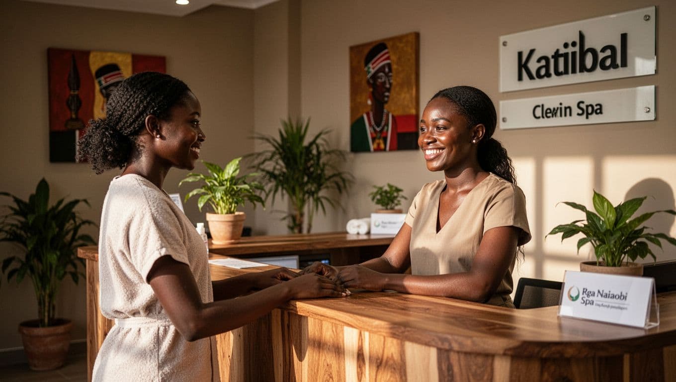 In Velva Spa's modern Nairobi reception with warm lighting, potted plants, and Kenyan art, a relaxed client with post-Thai massage glow checks in at the wooden desk with a friendly smiling female receptionist.