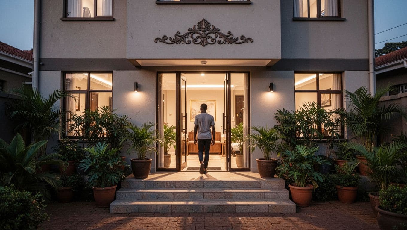 Exterior view of Velva spa's discreet upscale entrance on bustling Lenana Road in Kilimani, Nairobi at dusk, with soft warm lights, modern facade, subtle signage, potted plants, and one person entering in cinematic style.