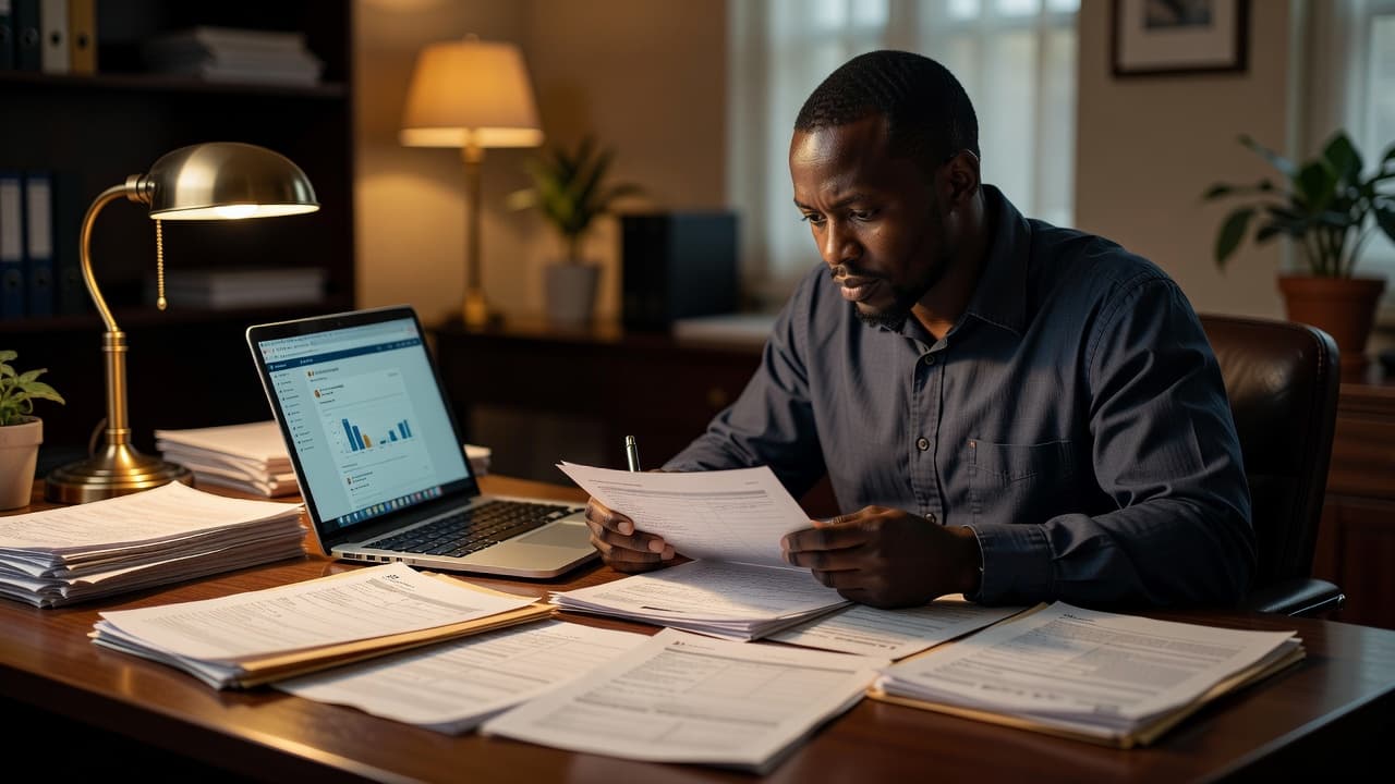 A focused individual sits at a dark desk, holding printed documents while analyzing data on a laptop screen under soft, warm overhead lighting. Deep shadows create a professional, studious atmosphere.