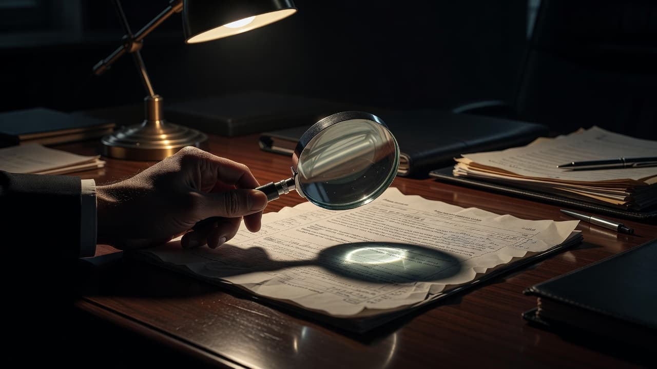 A close-up shot shows a polished magnifying glass hovering over official immigration paperwork. High-contrast dramatic lighting highlights the detailed text and professional stamps, emphasizing the precision required for legal documentation review.