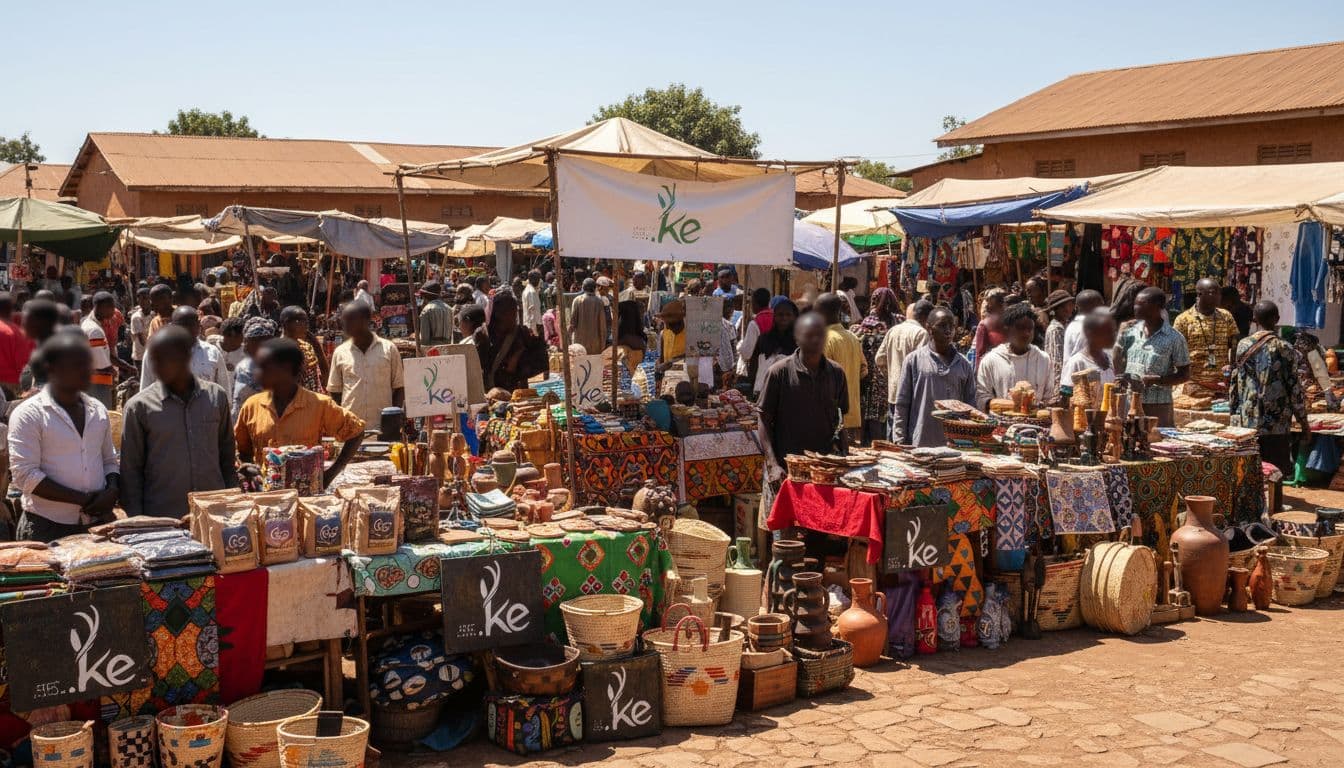 Bustling Kenyan marketplace scene on a sunny day, with stalls displaying local brands and subtle .ke domain signs naturally integrated among colorful fabrics and goods.