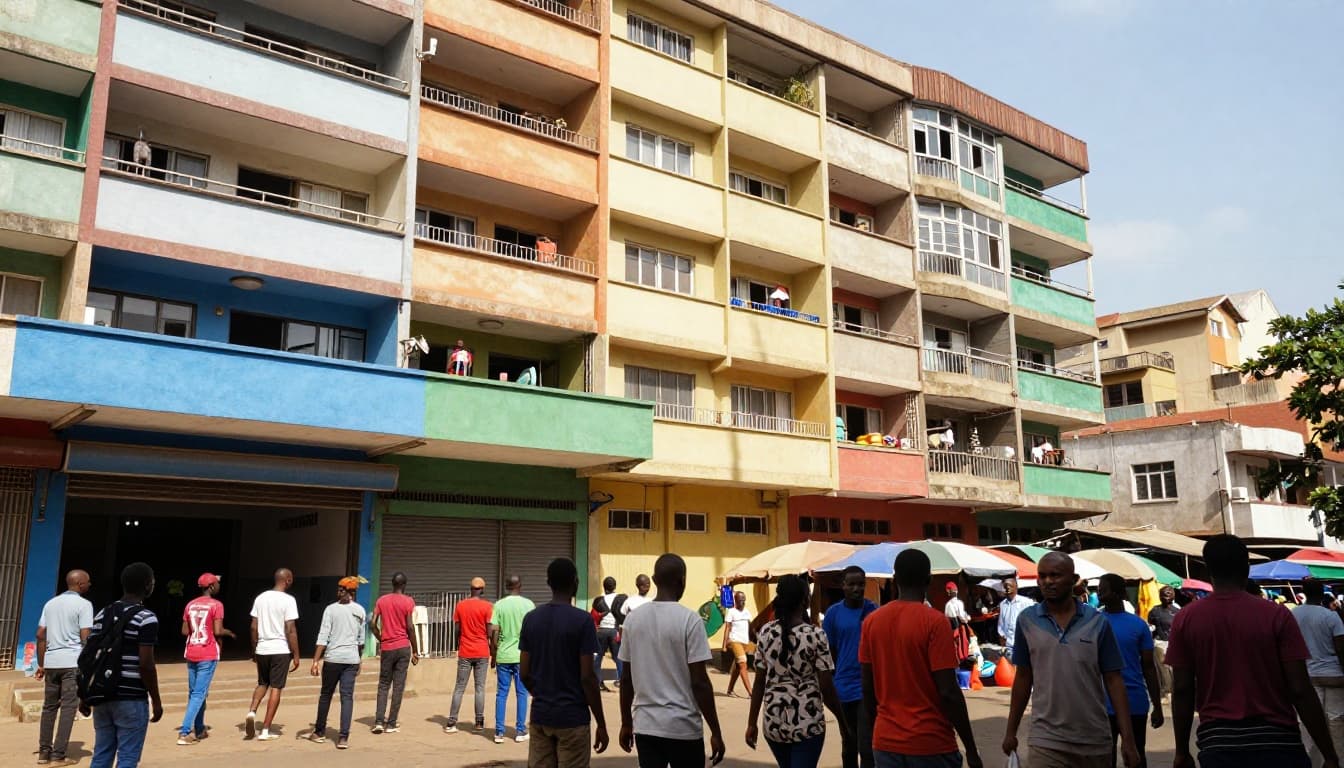 Busy multi-story apartment building in a vibrant Nairobi neighborhood on a sunny day, with people entering flats and market stalls nearby, visualizing shared hosting like shared building utilities.
