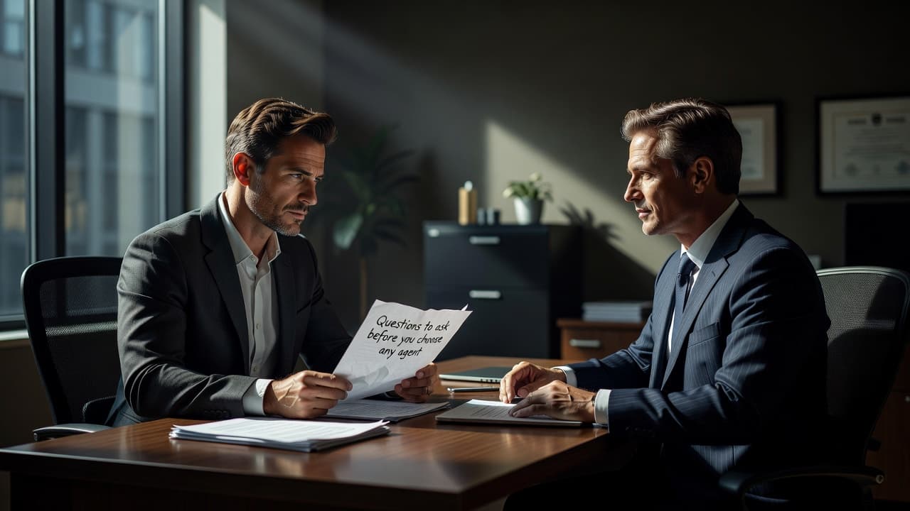 A focused client sits across a desk from an immigration consultant in a professional office. The individual reviews a list of notes while discussing visa requirements under warm, cinematic lighting.