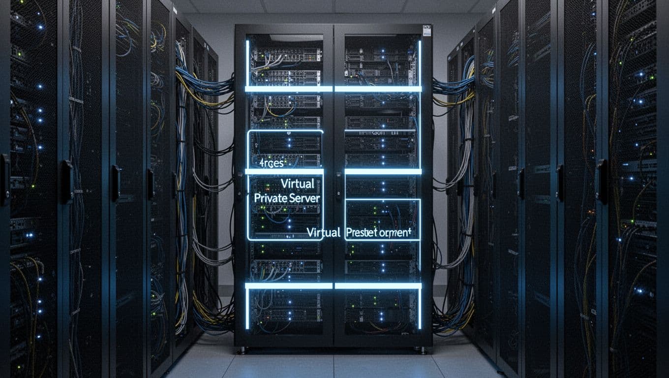 Server rack in a secure data center with glowing blue VPS partitions separating user spaces, organized cables, and dim blue LED lighting in realistic professional photography style.