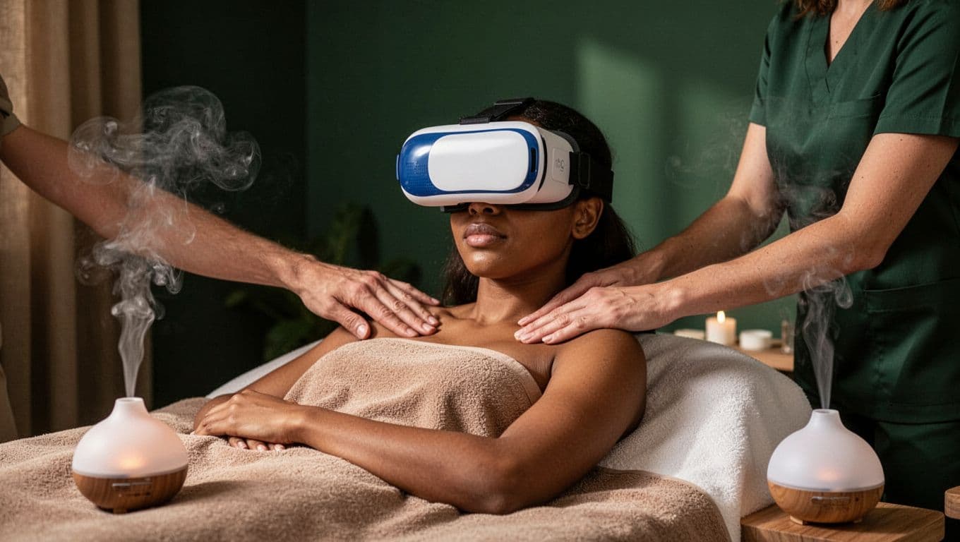 Bold editorial image featuring a client wearing a VR headset during a shoulder massage in a serene Nairobi spa, with aromatherapy diffusers, relaxed therapist hands, and 'VR Calm' headline in a muted dark-green band.