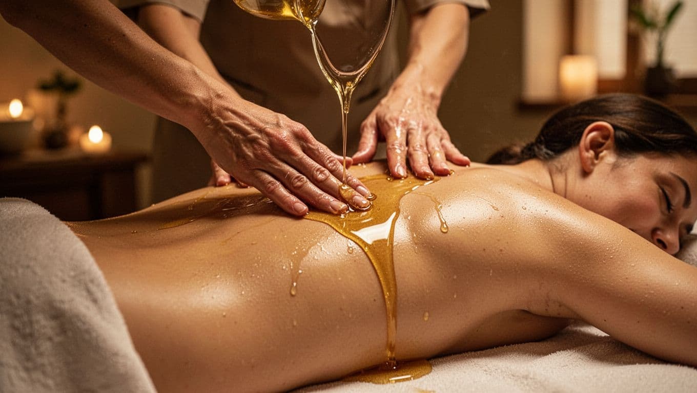 A massage therapist carefully pours warm amber oil onto a client's back. The dim, tranquil room is illuminated by soft, focused light that highlights the glistening texture of the skin.