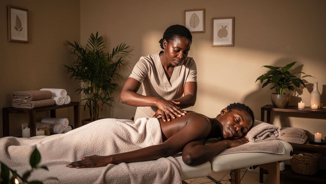 A therapist gives a shoulder massage to a draped client in a warmly lit spa room.
