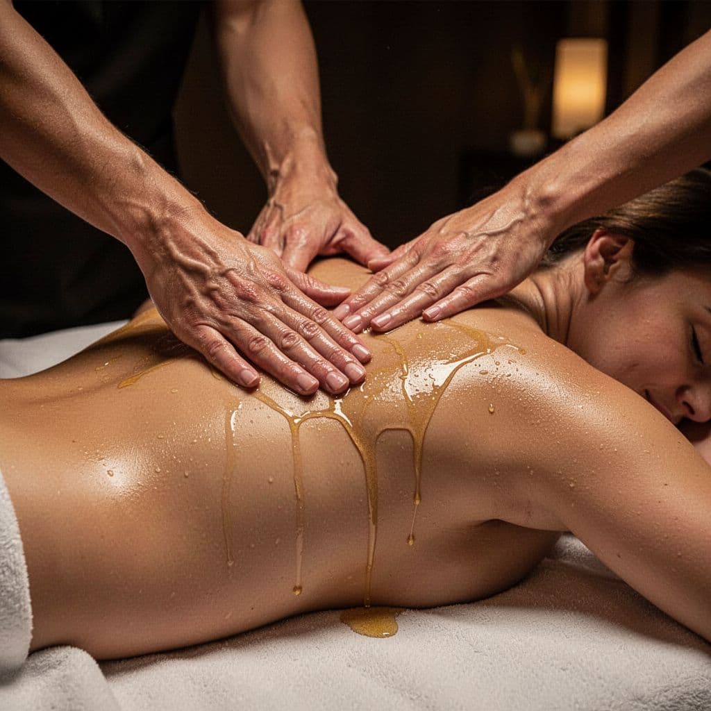 A therapist uses firm hand pressure on a client lying prone on a massage table. Golden oil glistens on the back skin under soft, ambient lighting that highlights muscle tension release.