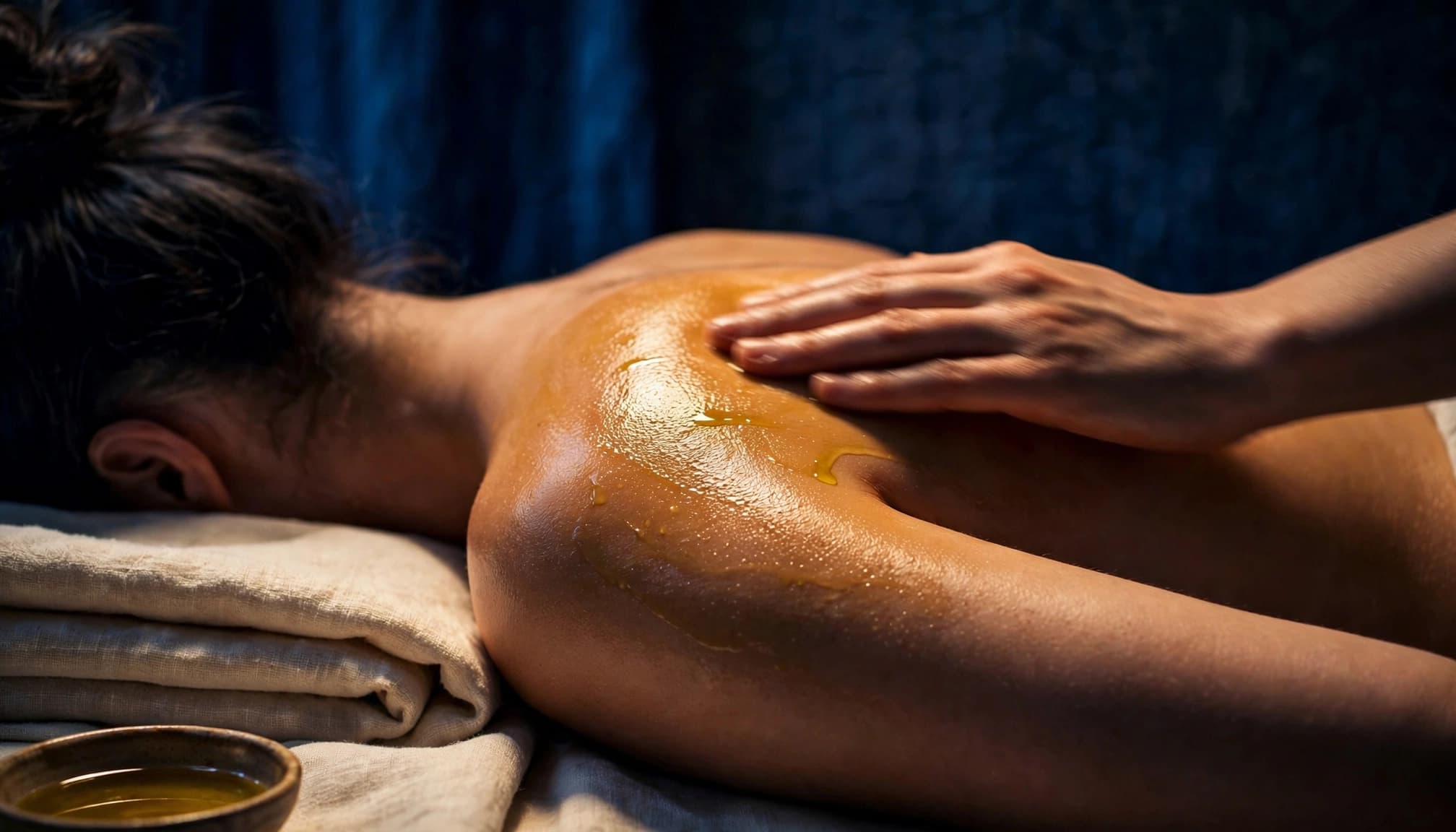 Hot Oil Massage 3 Adult receiving a warm oil massage on the shoulder in a softly lit spa room.