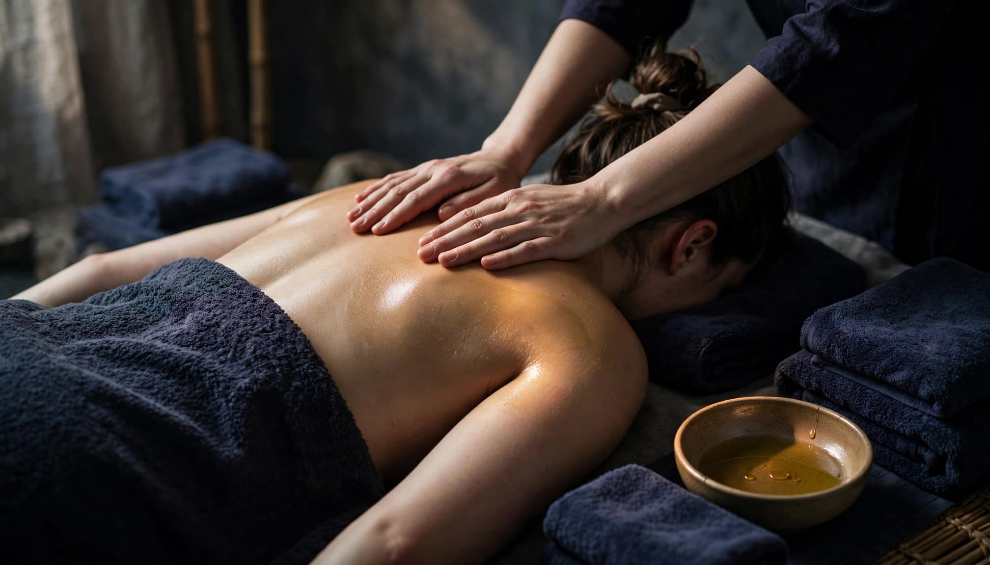 Hot Oil Massage 2 A client receives a warm oil massage in a softly lit spa room.