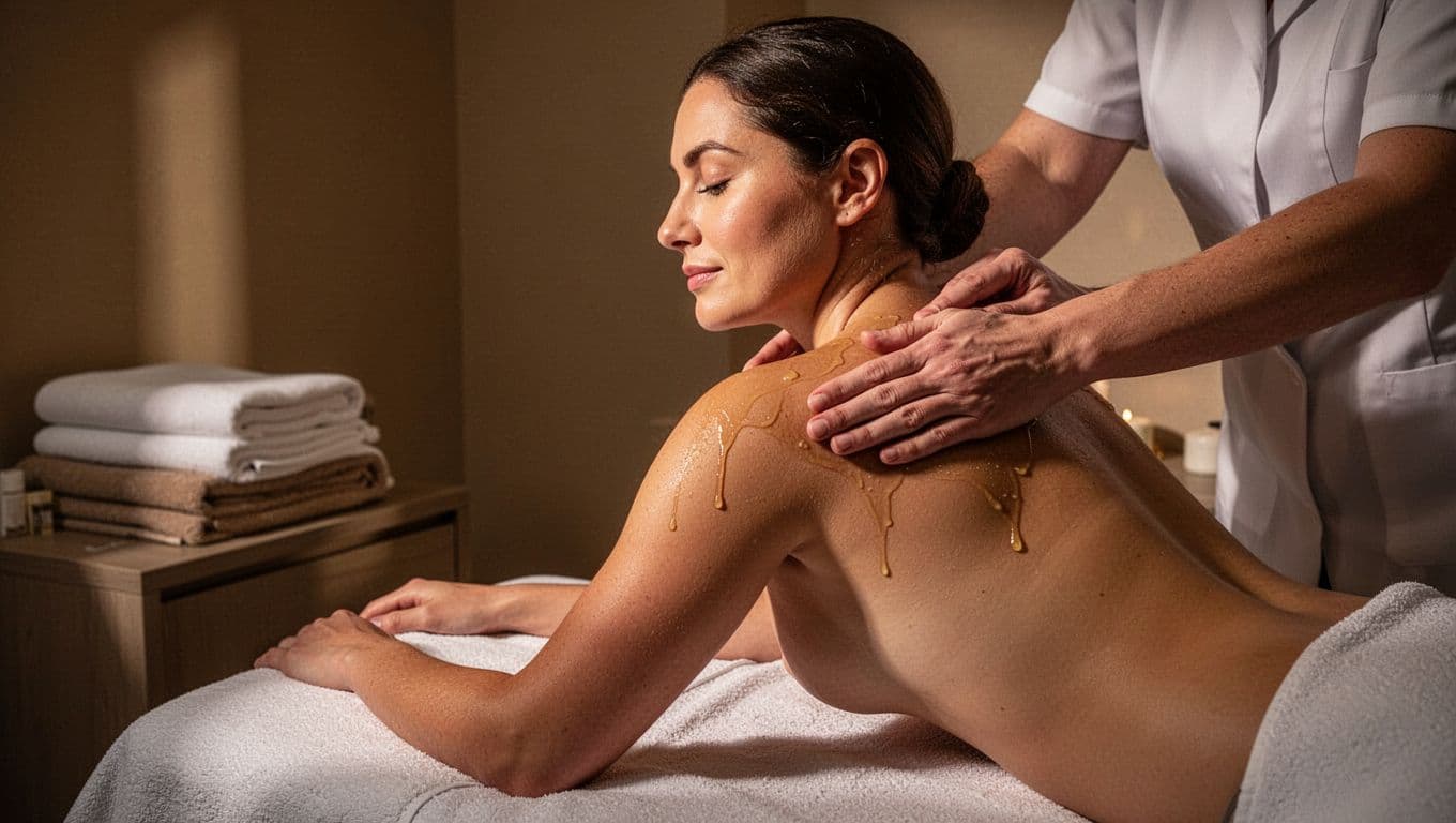 An adult client receives a warm oil massage in a softly lit spa room.