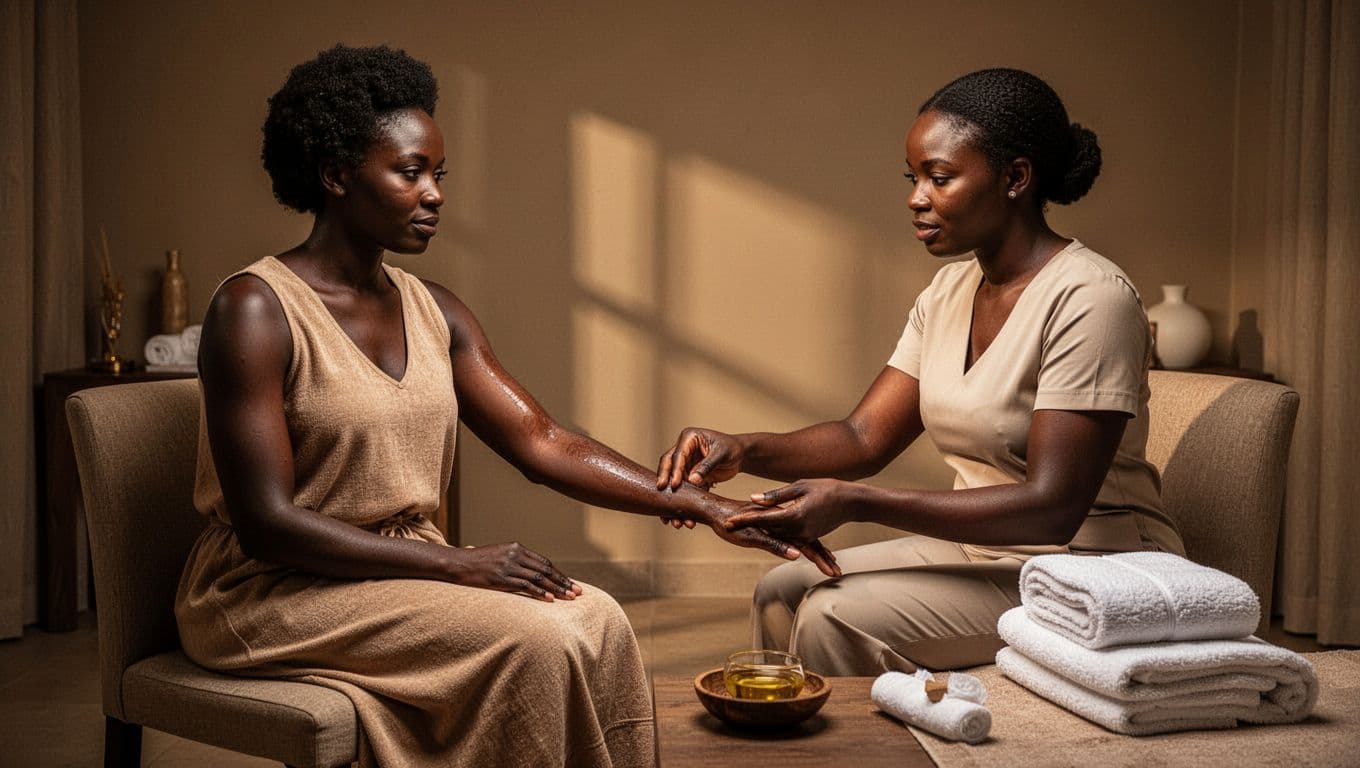 Therapist and client sit apart during a warm oil massage consultation.