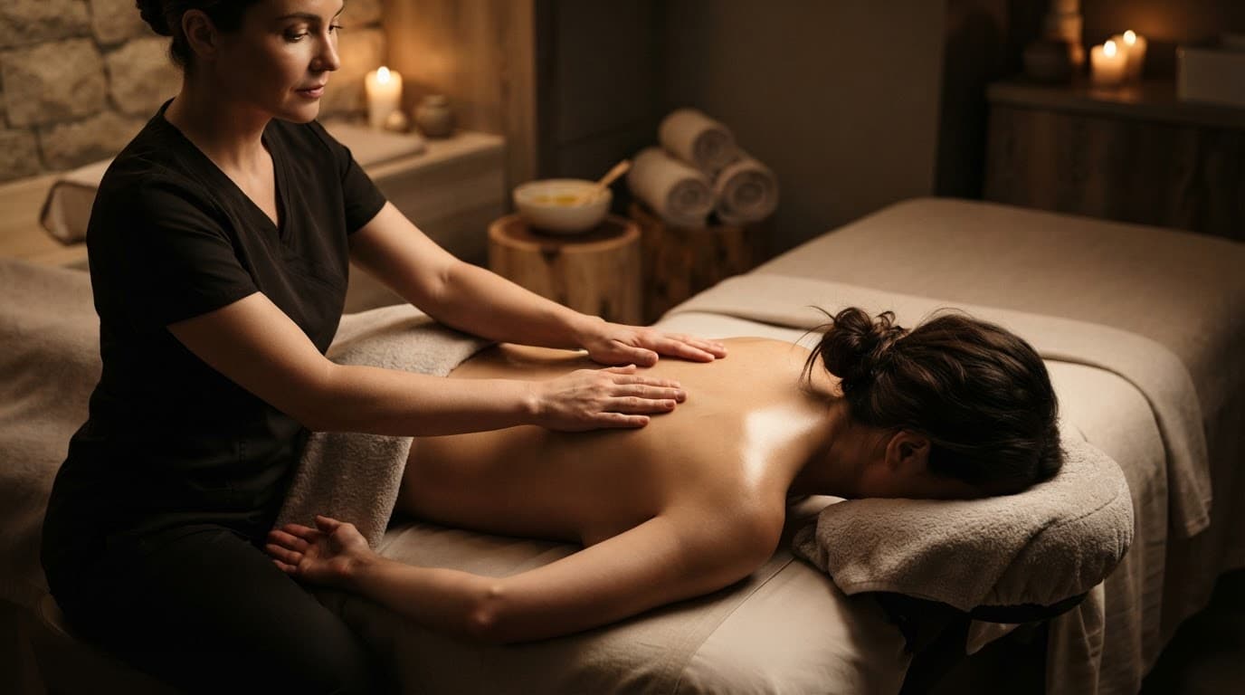 Therapist gently massages a client's upper back in a warmly lit spa room.
