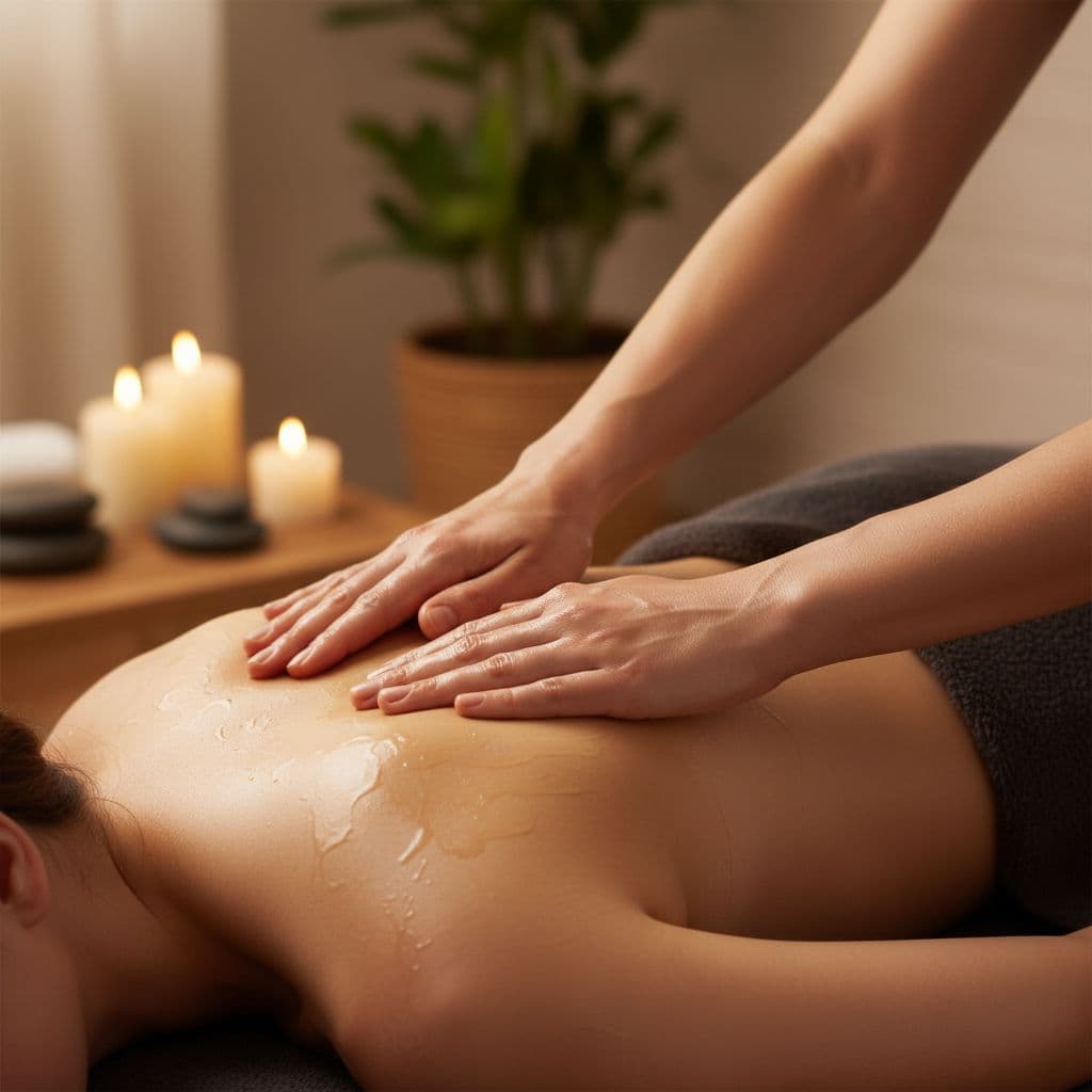 Hot Oil Massage 4 Therapist hands apply warm oil and steady pressure to a client's tight upper back and neck muscles while lying prone in a serene spa setting with candles, highlighting muscle softening and oiled skin texture under soft lighting.