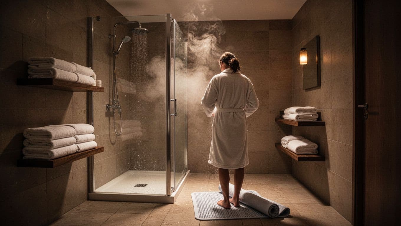 Cozy private spa bathroom with modern shower stall emitting soft steam, fresh white towels on a shelf, waterproof mat on tiled floor, and one person in robe preparing the space from back view under dim warm lighting.