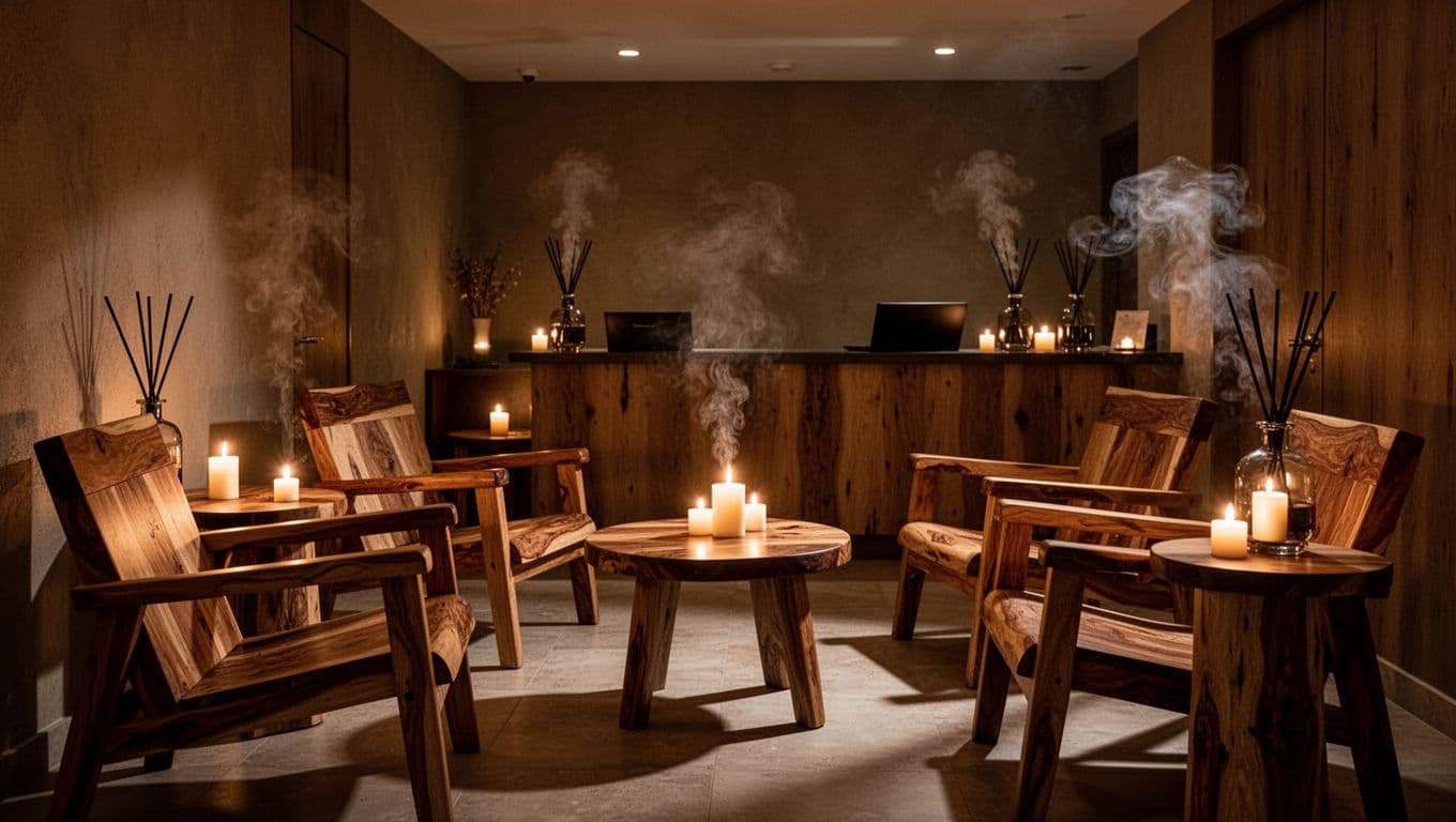 A candlelit spa reception room with wooden furniture and aromatherapy diffusers.