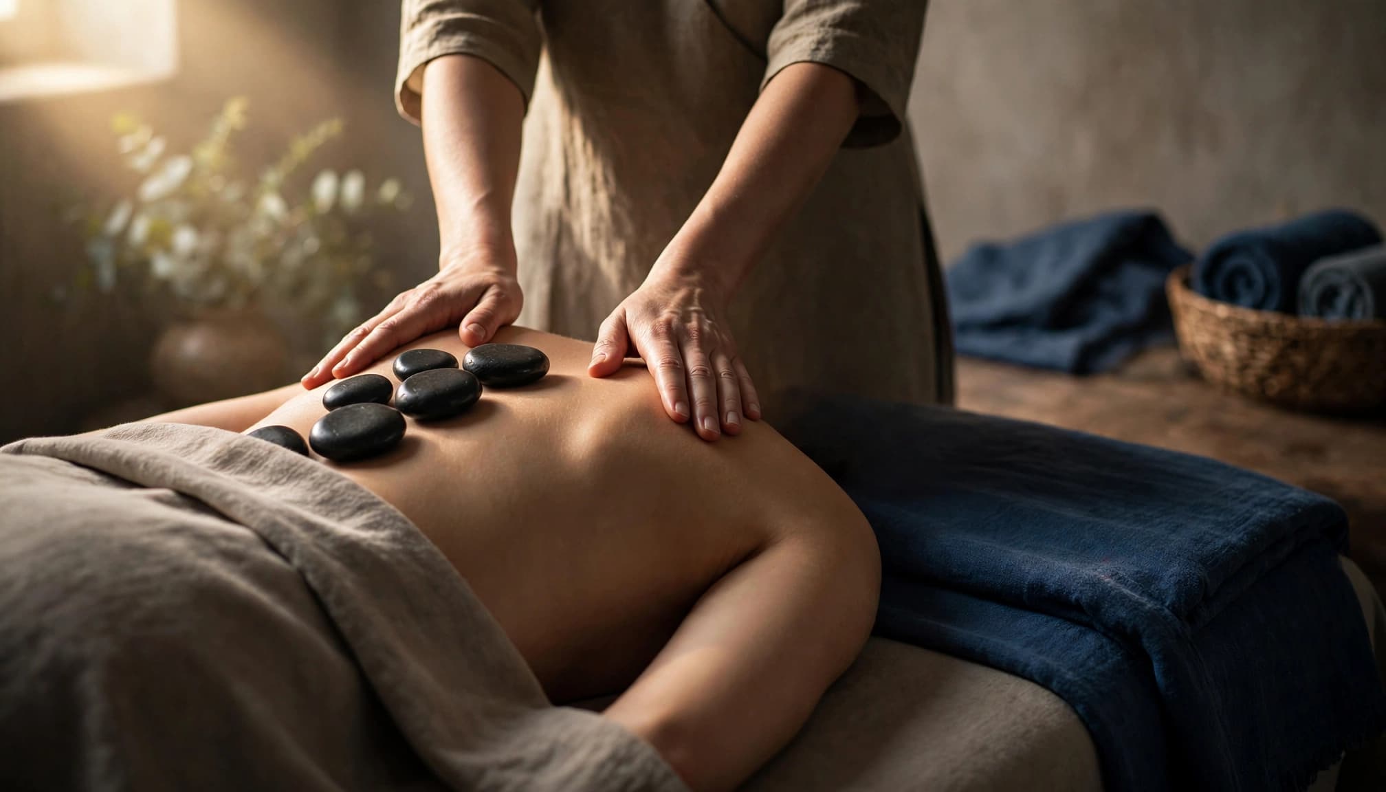 Hot Stone Massage 3 A client receives a warm stone massage in a softly lit spa room.