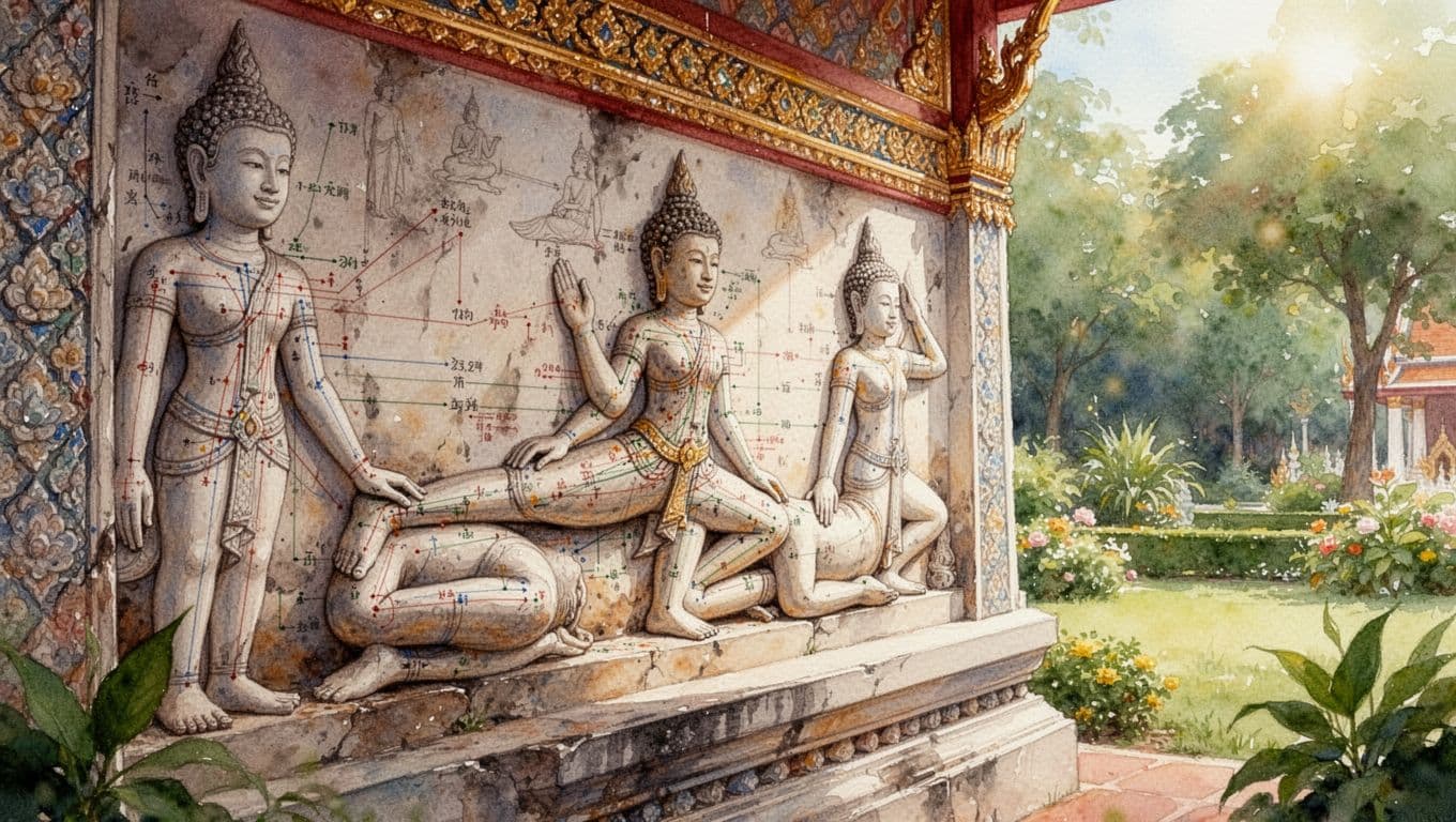 Detailed stone carvings on Wat Pho temple walls depict human figures in massage poses and energy lines, with lush green garden background in watercolor style.