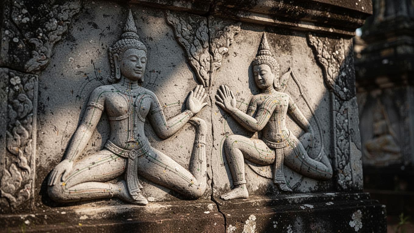 Detailed close-up of weathered stone carvings at Wat Po temple showing Thai massage techniques with figures in yoga stretches, palm presses, and subtle sen lines on intricate low-relief sculptures on a gray stone wall under dramatic raking light.