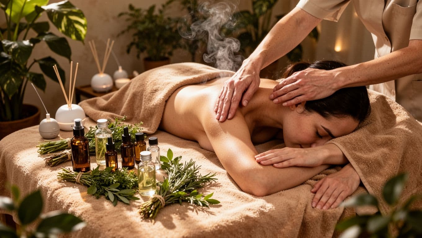 Spa table with essential oils, fresh herbs, and a draped person receiving gentle aromatherapy massage on arms and neck amid rising scented steam in a softly lit room with diffusers and plants, in watercolor style with warm earth tones.