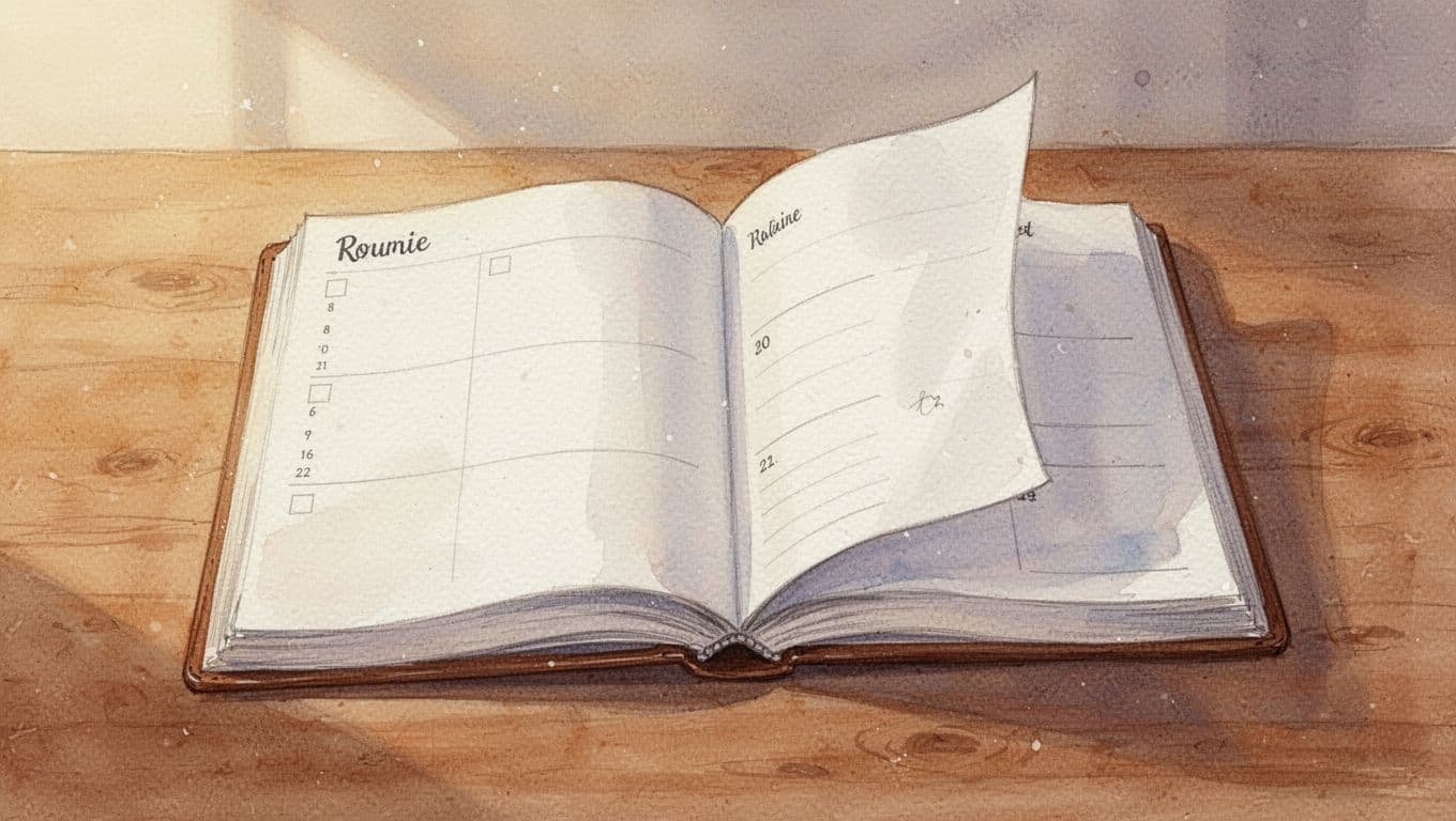 A soft watercolor illustration features a minimalist grid calendar resting on a wooden desk. Golden light bathes the surface, highlighting visible brush strokes and creating a calm, organized workspace atmosphere.