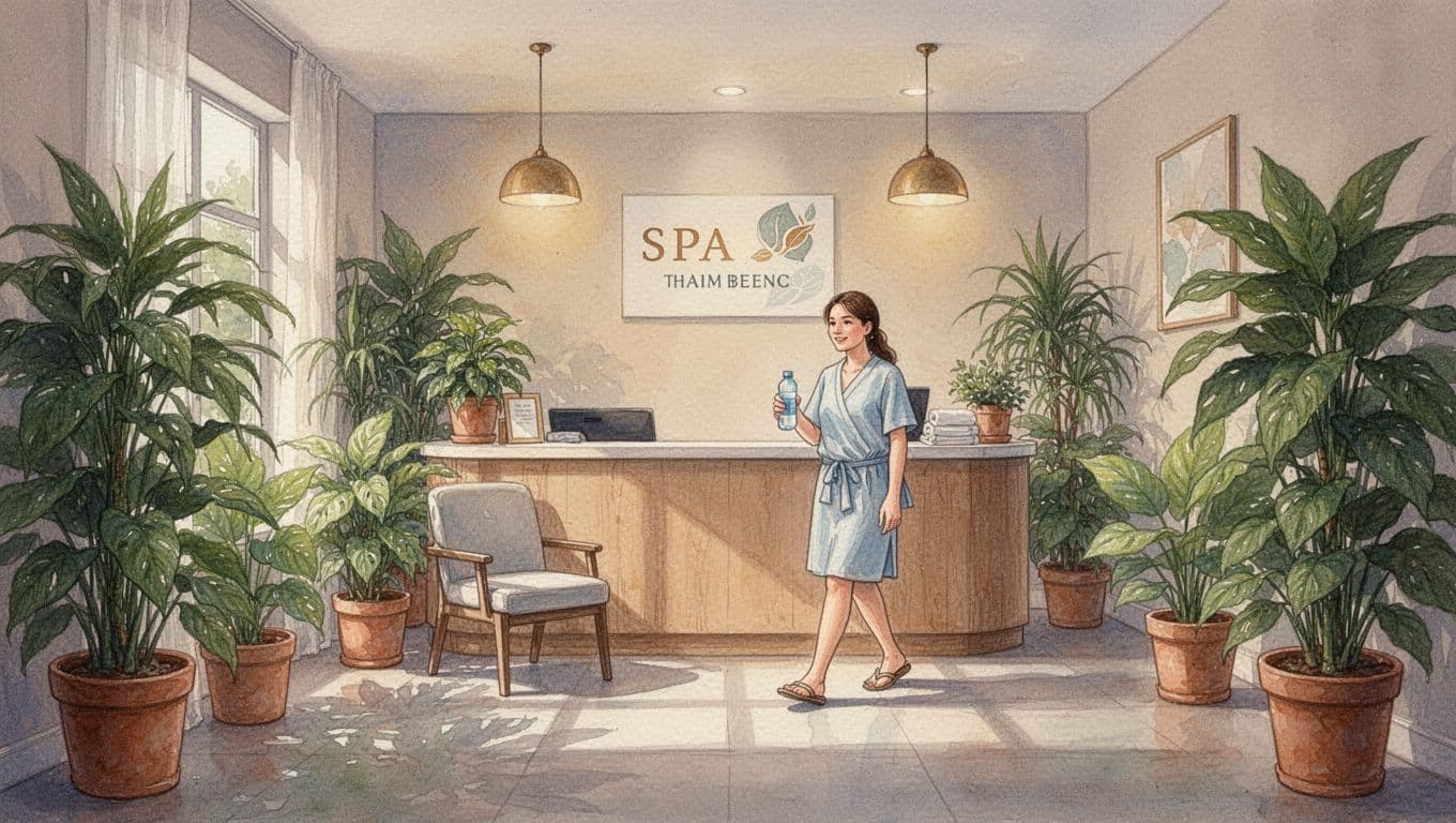 Massages in Langata: A Clear Guide from Fortune Massage & Spa 10 Relaxed client holding water bottle enters cozy spa reception with potted plants and soft warm lighting in watercolor style.