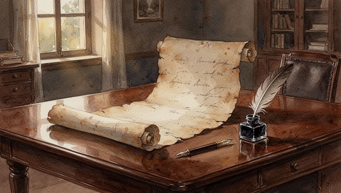 Watercolor painting of an antique law document unrolling on a wooden table in a dimly lit colonial-era Kenyan office, with quill pen and inkwell nearby, featuring soft blended colors, visible brush strokes, and warm earthy tones.