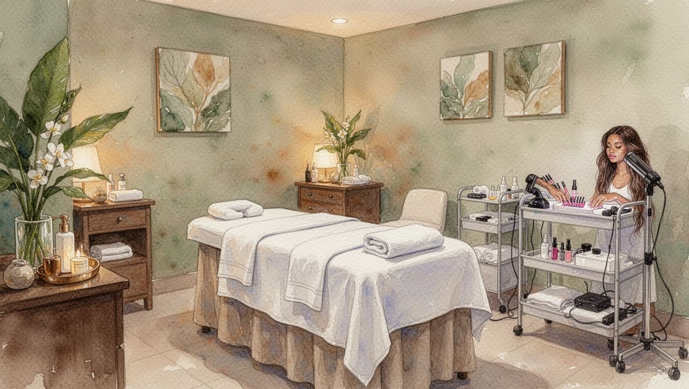 Watercolor-style cozy interior of a beauty spa in a Nairobi mall, featuring a massage table draped in white towels and stations for nails and hair with subtle tools, under warm ambient lighting in a serene atmosphere with soft greens and earth tones. No people, text, logos, or signs present.