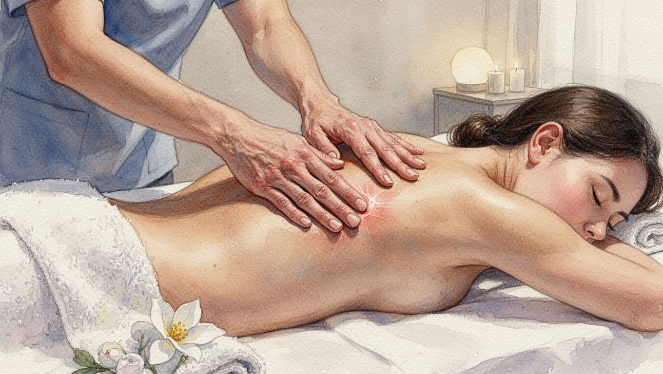 A massage therapist's hands apply firm deep pressure to tense knots in a client's upper back and shoulders, with the client lying face down on a spa table in a calm room with soft lighting. Watercolor style features soft blending and brush textures, focusing on hands, back, and relaxed posture.
