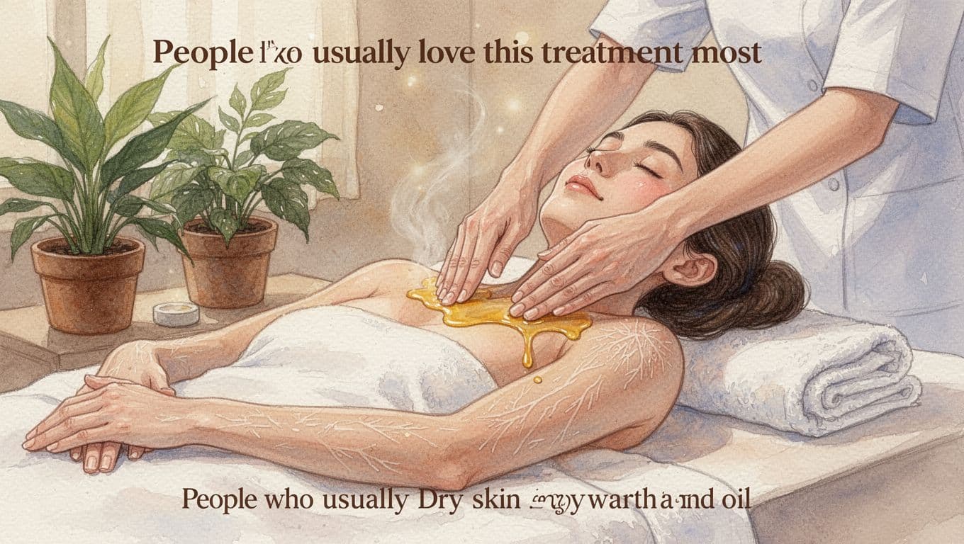 Watercolor illustration with soft blending showing a relaxed adult with dry skin on arms and shoulders receiving gentle hot oil massage from therapist's hands in a calm spa room.