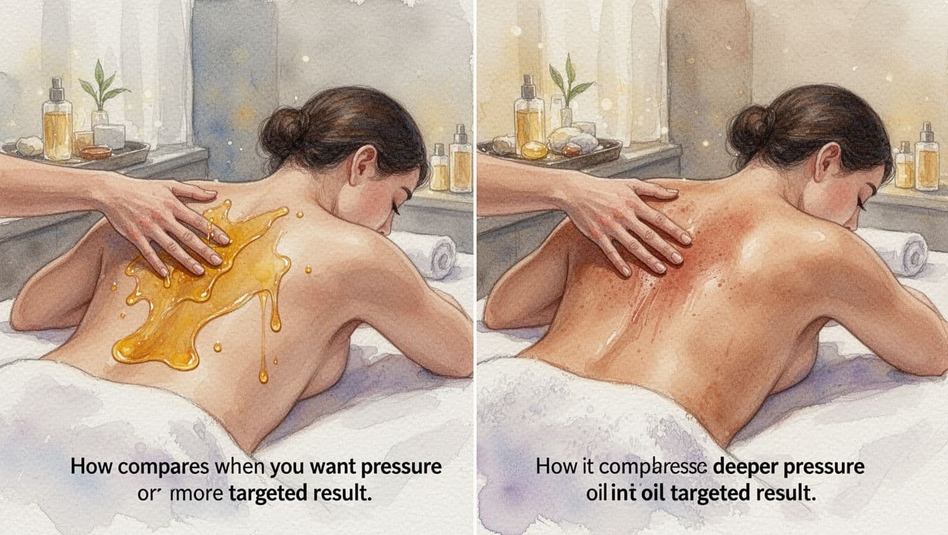 Watercolor illustration comparing gentle hot oil strokes on a back (left) with deeper pressure without oil on another back (right), both in spa settings with warm light and visible brush texture.